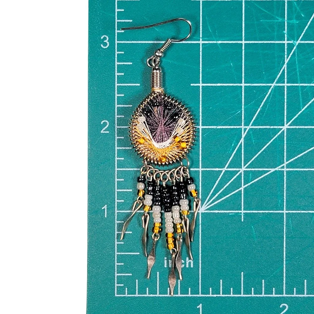 VTG 90s Wire Wrapped String Art Dreamcatcher Earrings Dangle Yellow Black‎ Boho